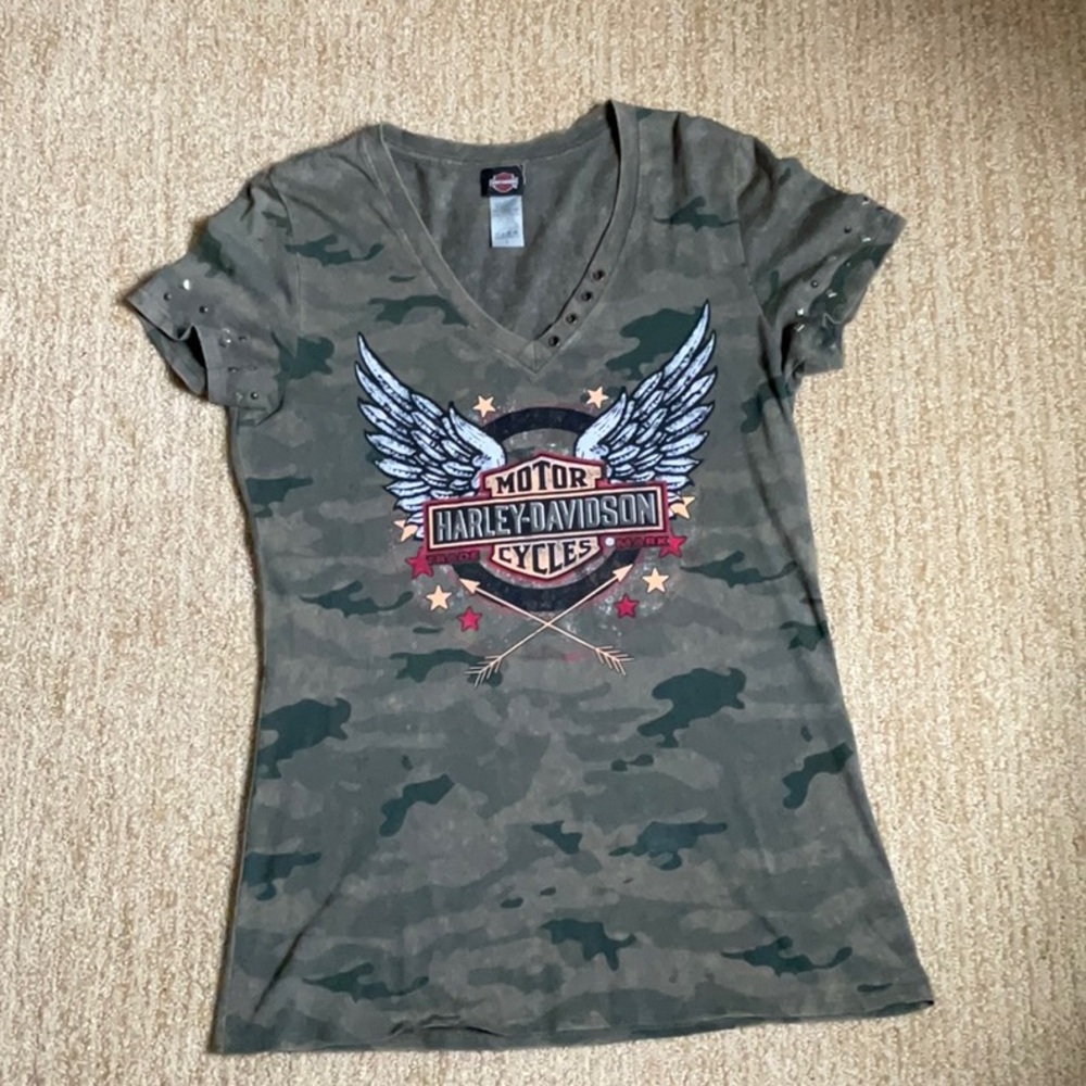 Harley Davidson V Neck Camouflage Tee L